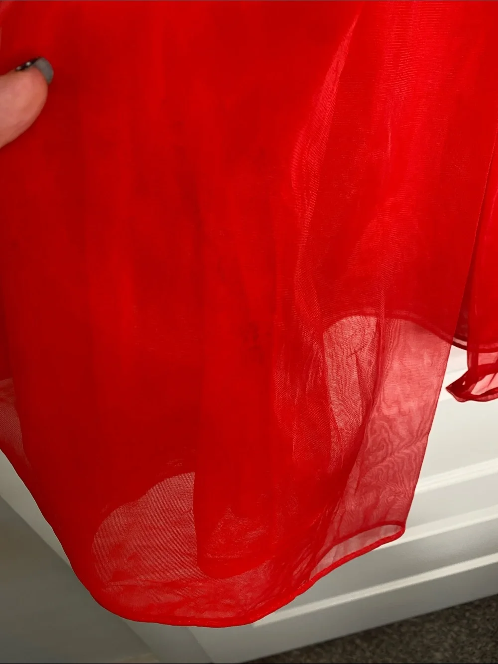Vintage Red Sheer Bed Jacket with Lace Collar - Picture 6 of 7